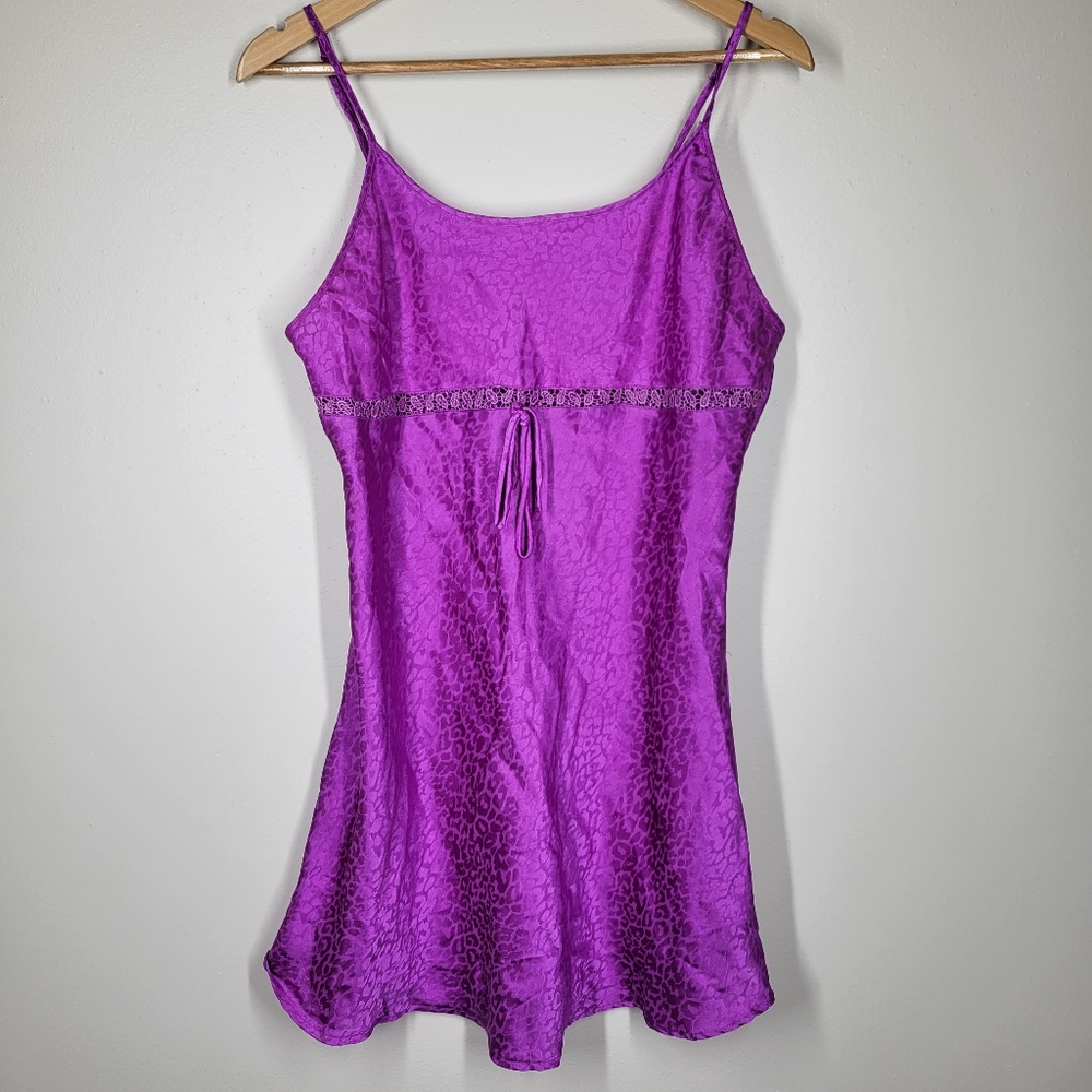 Vintage 90s Y2K Delicate Treasures Purple Leopard Print Mini Slip Dress Large